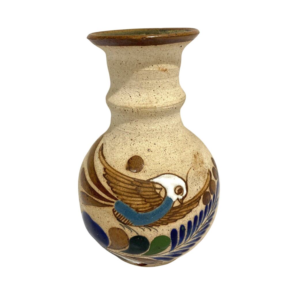 Tonala Mexican pottery bud vase stoneware bird feathers brown cobalt signed